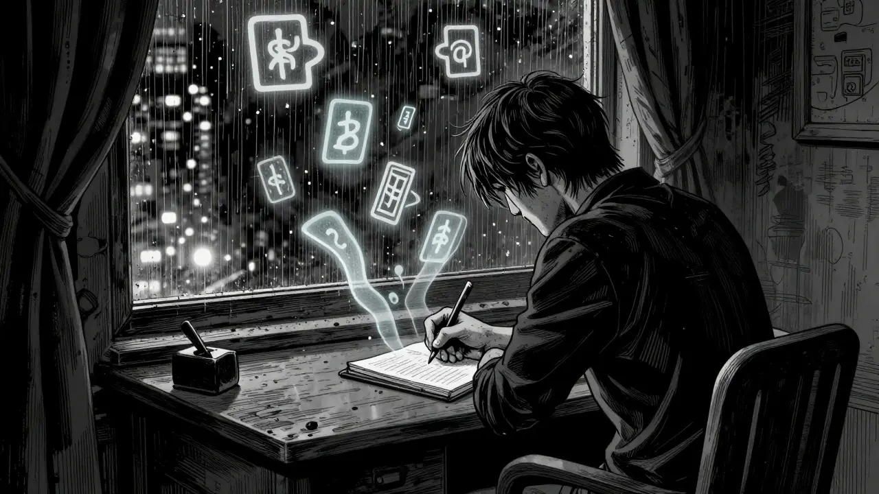 Osoba zapisující si zážitky do deníku s přítomností etéreních symbolů v noir stylu.