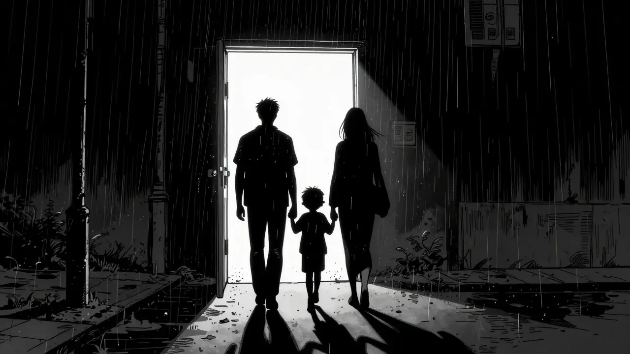 Rodina společně kráčející z temnoty směrem k světlu a naději.