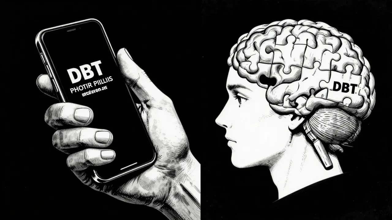 Rozdělený obraz s rukou držící telefon a symbolem skládání puzzle v mysli.