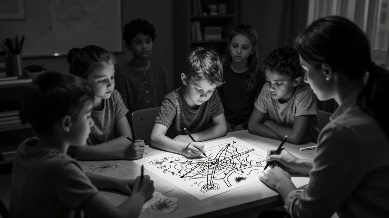 Skupinová terapie dětí v noir stylu s důrazem na kreativní vyjádření.