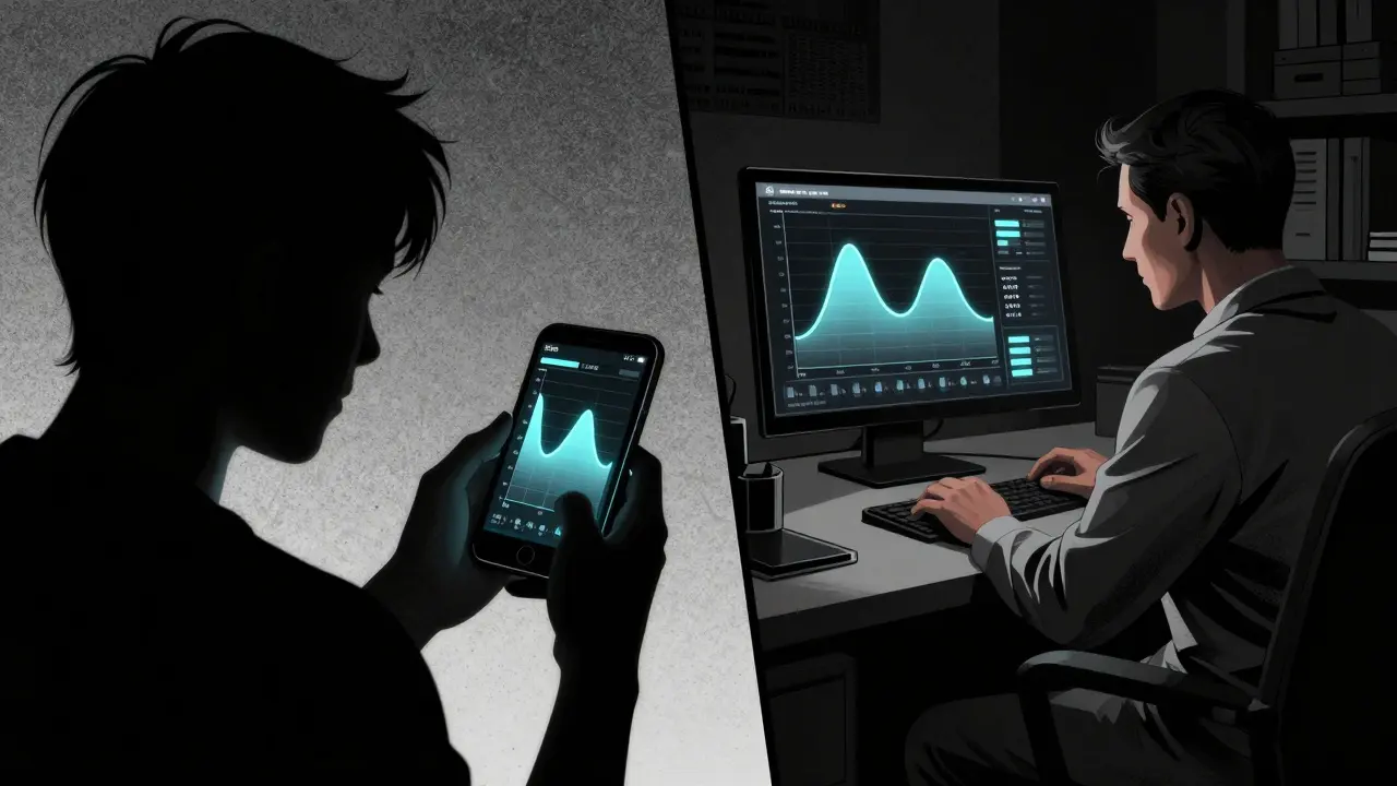 Srovnání grafu nálad na telefonu a monitoru terapeuta v noir stylu.