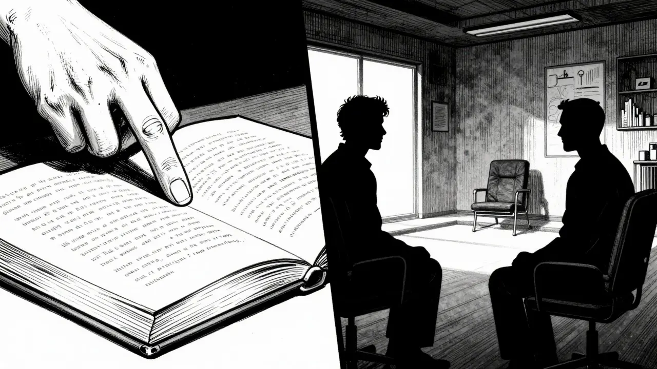 Srovnání studia z knihy a rozhovoru s terapeutem v kontrastním noir stylu.