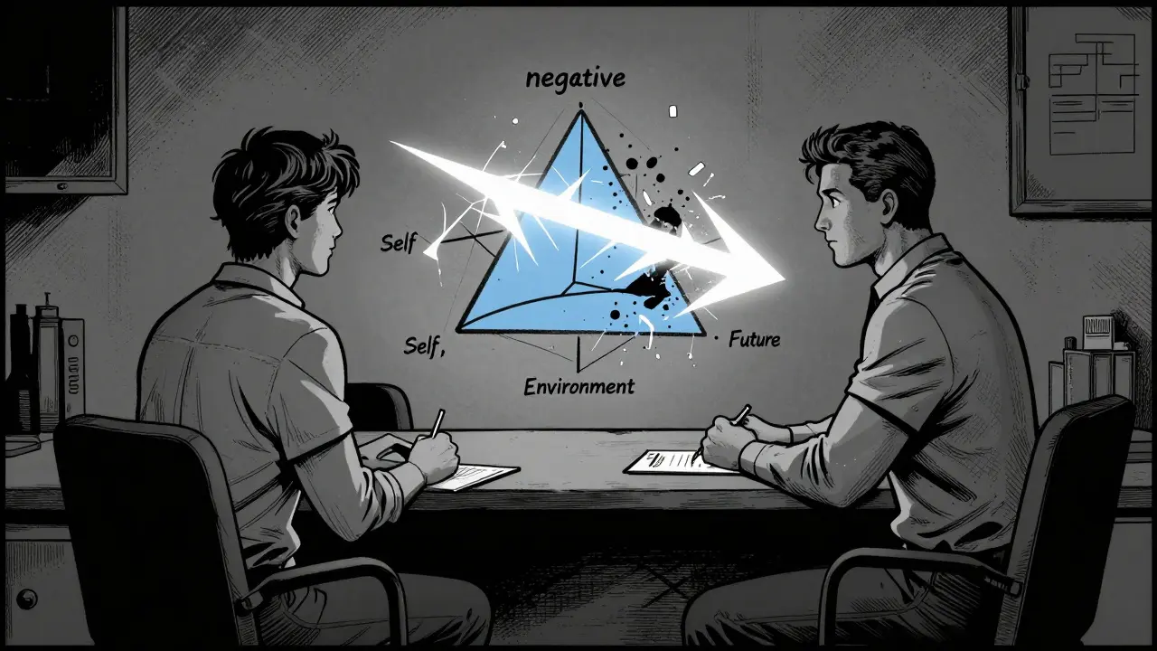Terapeut a pacient v noir stylu rozbíjejí symbolický negativní trojúhelník myšlenek.