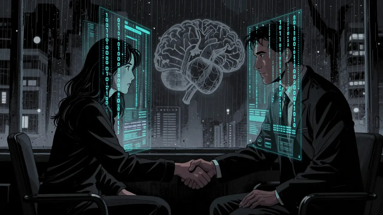 Terapeuta a klient spojeni digitálními daty v noir komiksovém stylu.