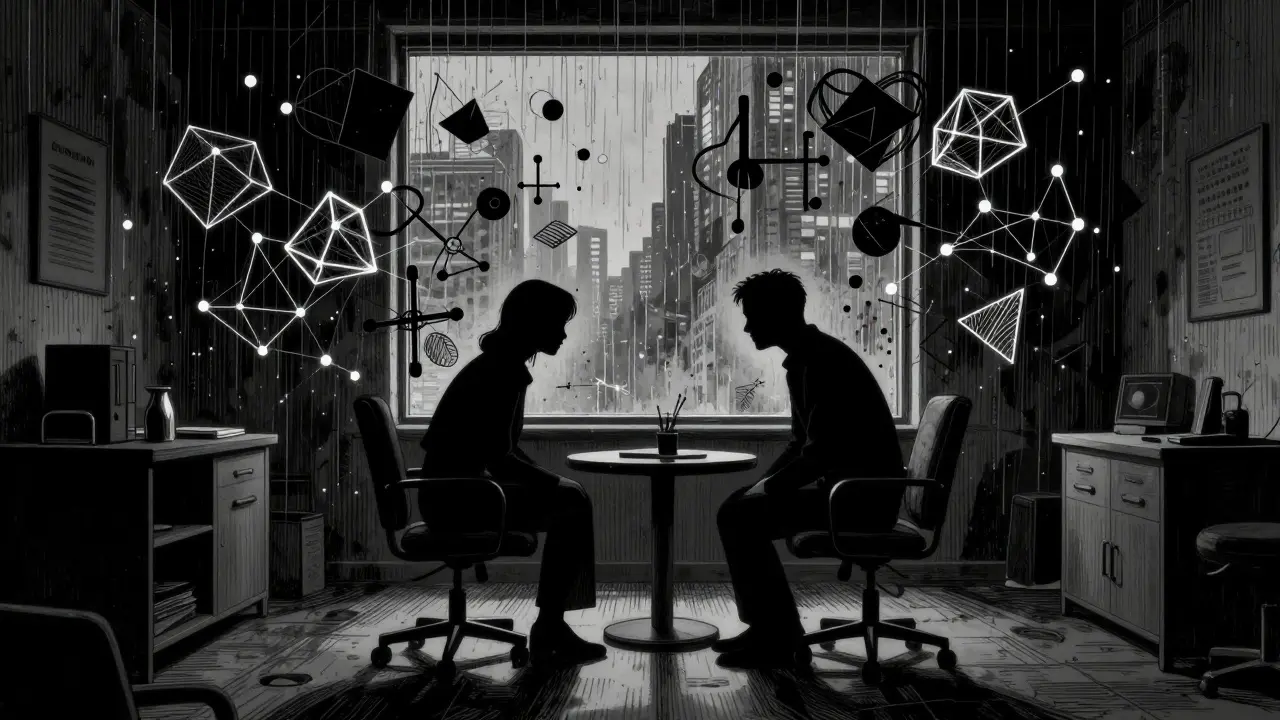 Terapeutické sezení znázorněné jako spojení lidské empatie a neurovědy v noir stylu.