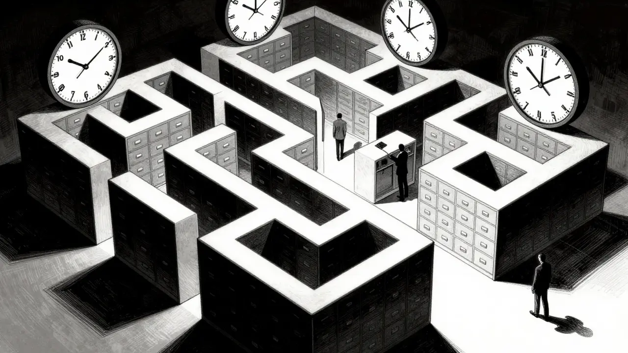 Zaměstnanci v labyrintu kanceláře představující psychosociální rizika a cestu k zotavení.