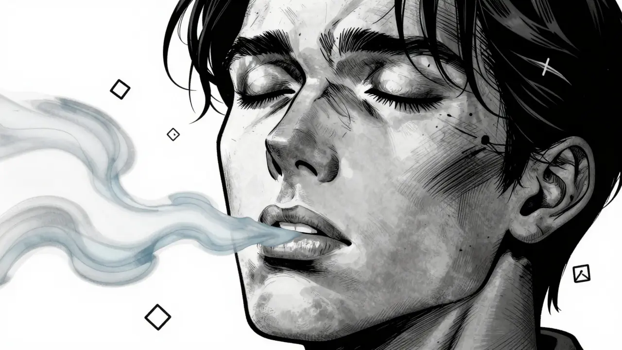 Ilustrace ve stylu noir komiksu: Zklidňující dechová technika s plynulými čarami výdechu.