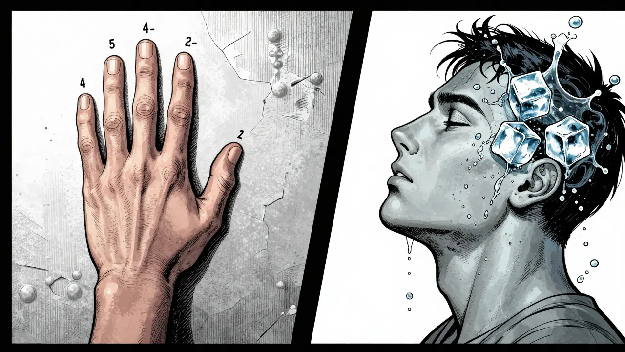 Noir komiks: Techniky uzemnění a chladu pro zvládání úzkosti, detailní kresba ruky a ledu.
