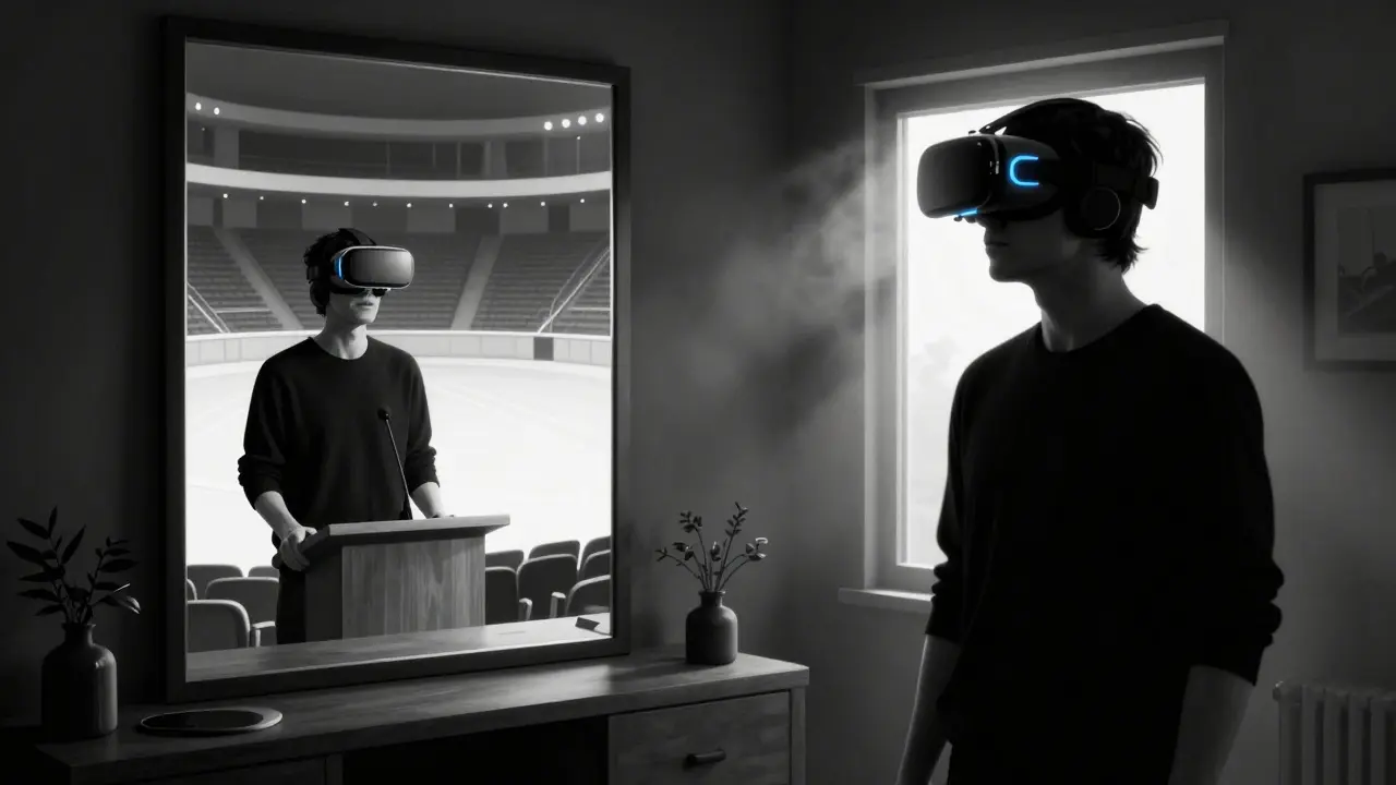 Pacient s VR brýlemi vidí sebevědomou verzi sebe sama v zrcadle.