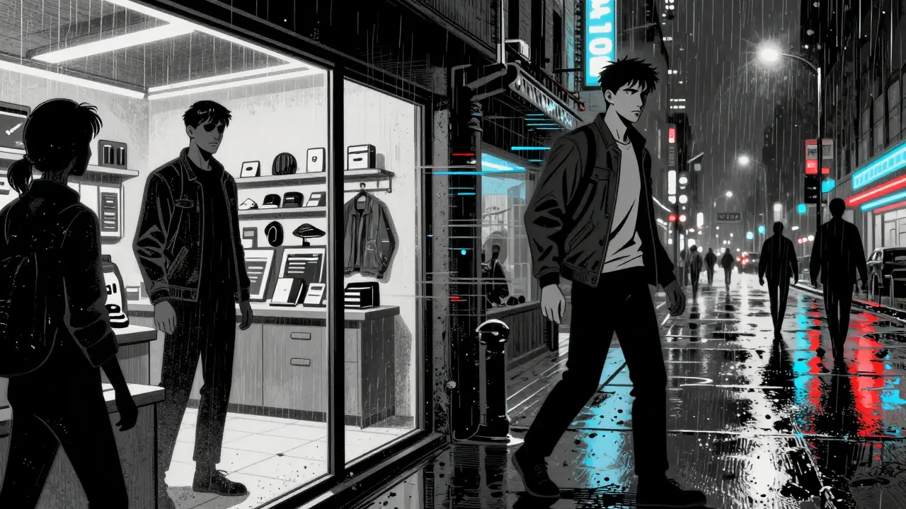 Přechod z virtuálního avatara do reálného města za deště v noir komiksovém stylu