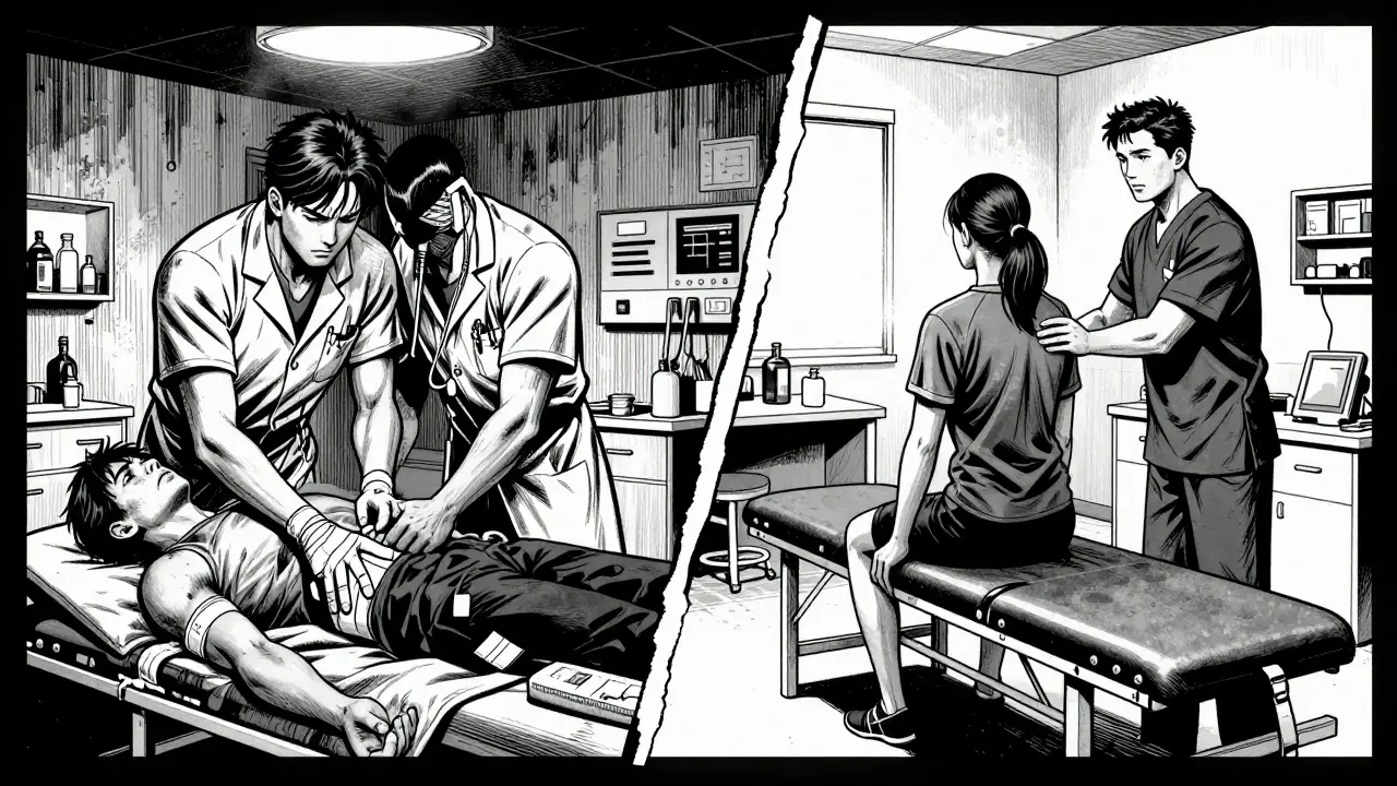 Srovnání rychlé první pomoci a dlouhodobé rehabilitace ve stylu komiksu