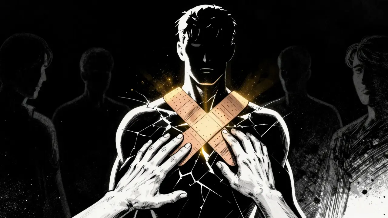 Symbolické spojení prasklé siluety rukama, styl noir komiksu