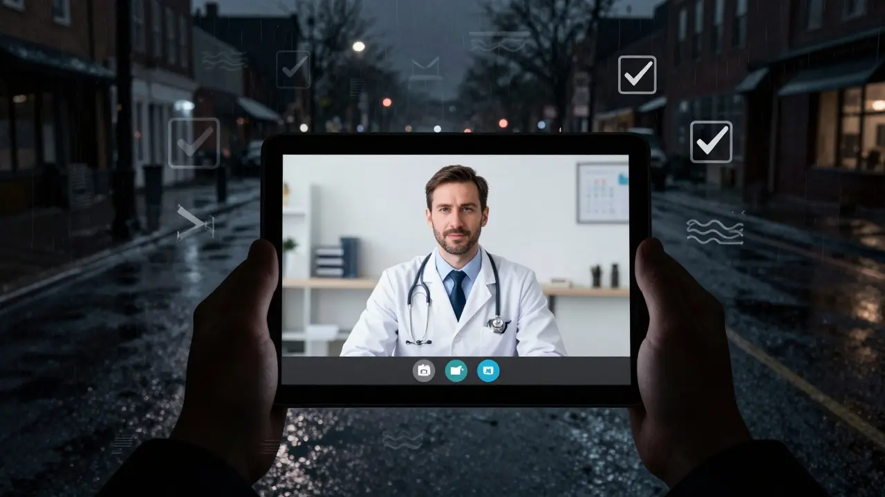 Teleterapie na tabletu v tmavé noční městské krajině v stylu noir.