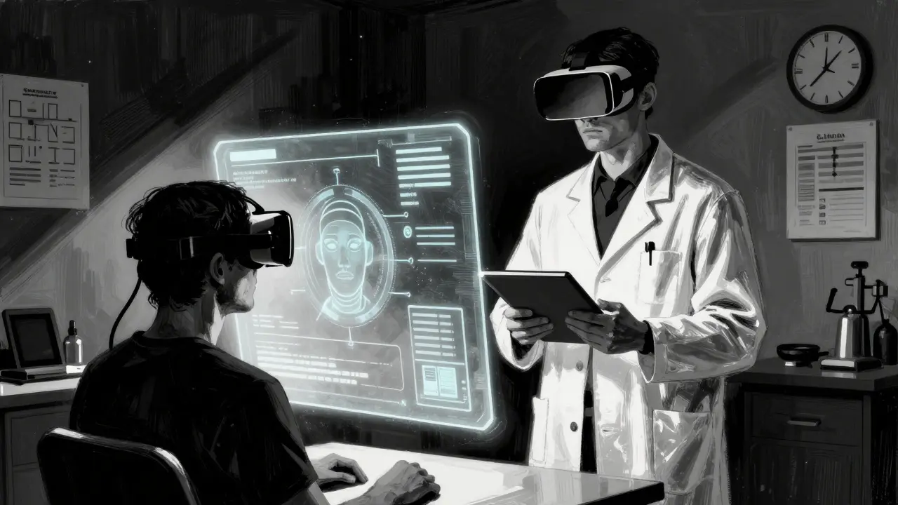 Terapeut a pacient s VR technologií a holografickým rozhraním AI v nočním stylu