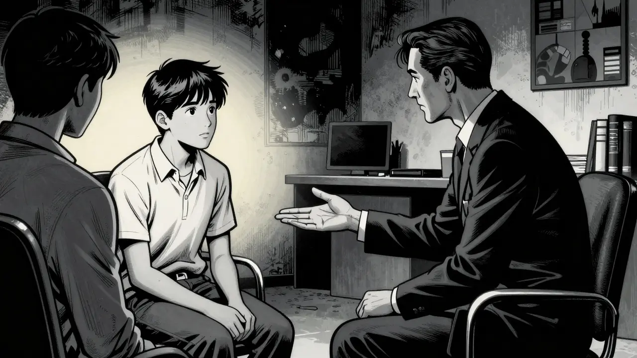 Terapeut podporuje adolescenta v bezpečném prostředí ve stylu noir komiksu.