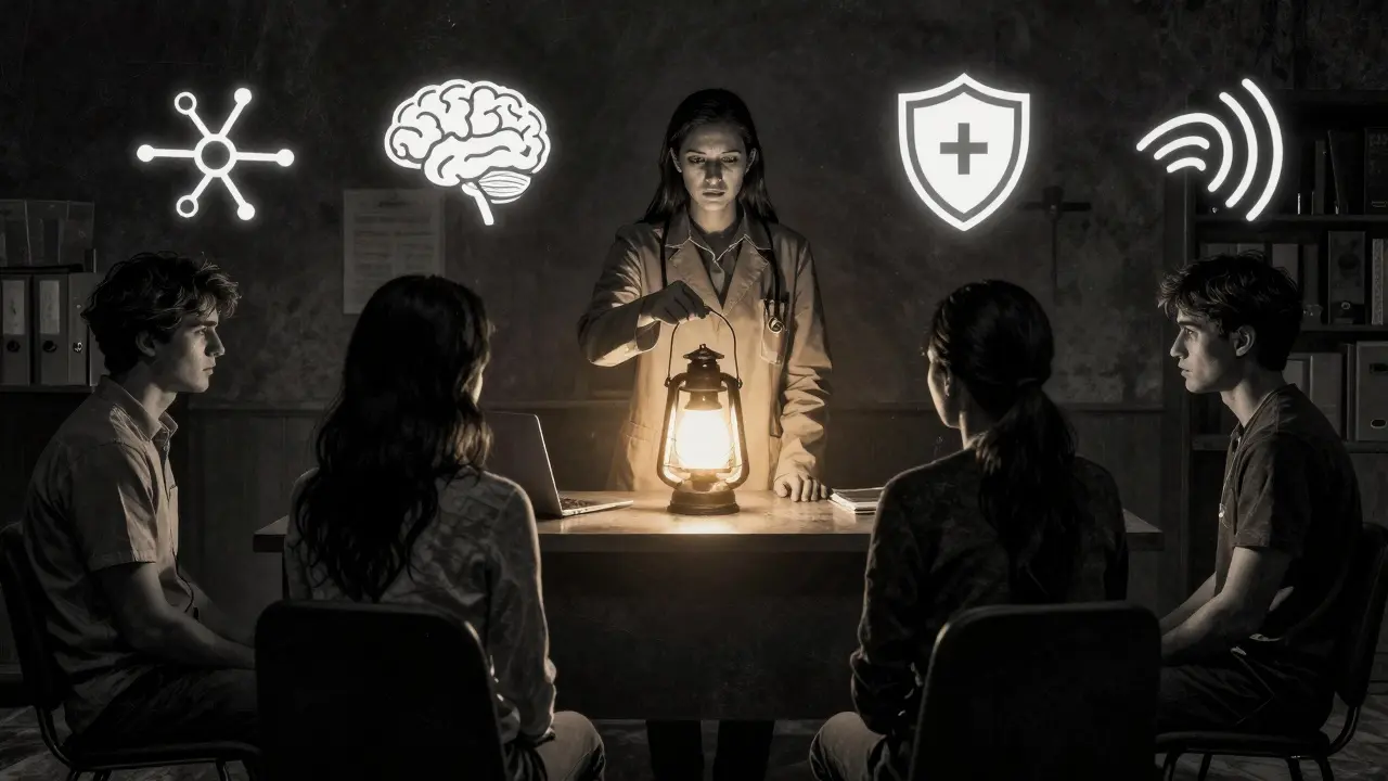 Terapeut vysvětluje PTSD rodině pomocí světla a symbolů
