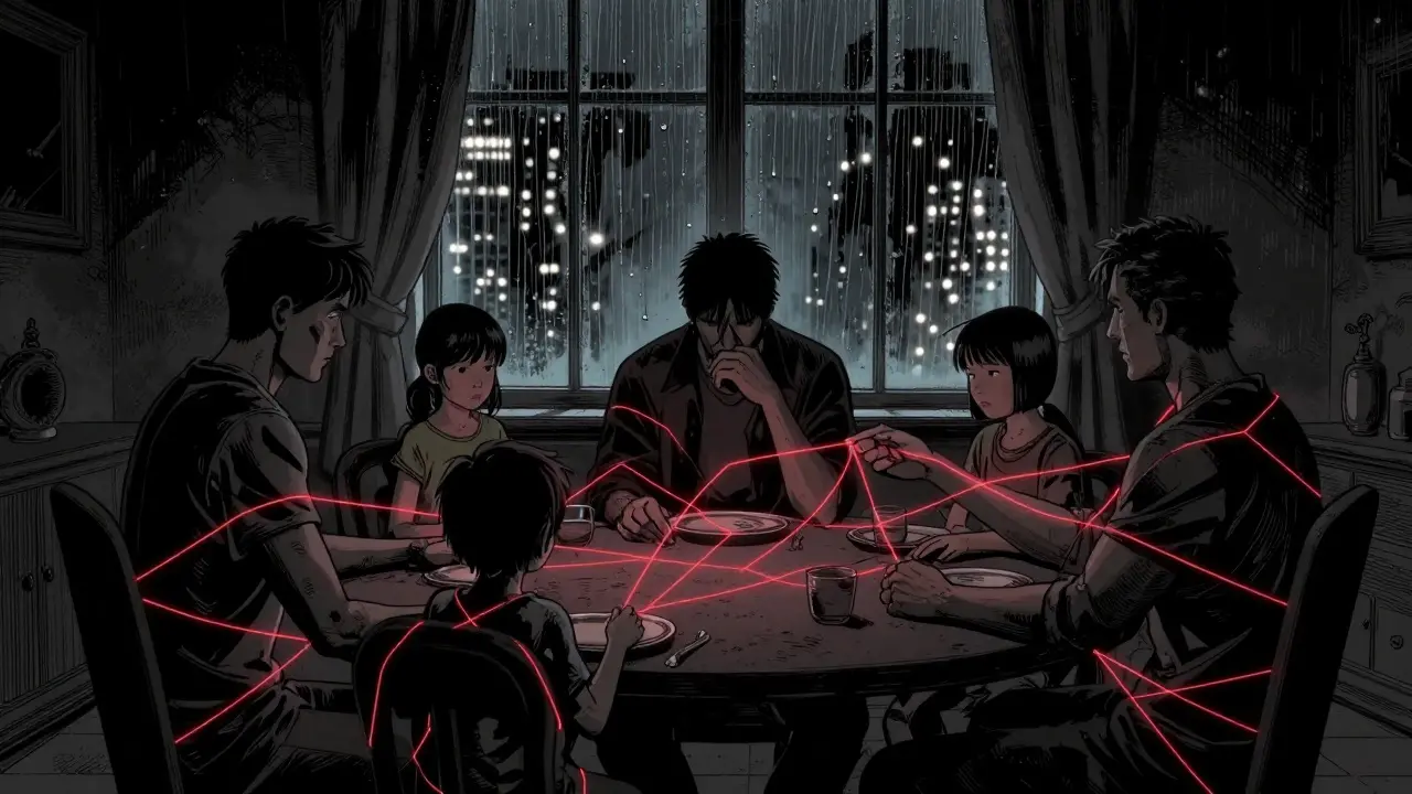 Family breaking codependent ties in dark comic style