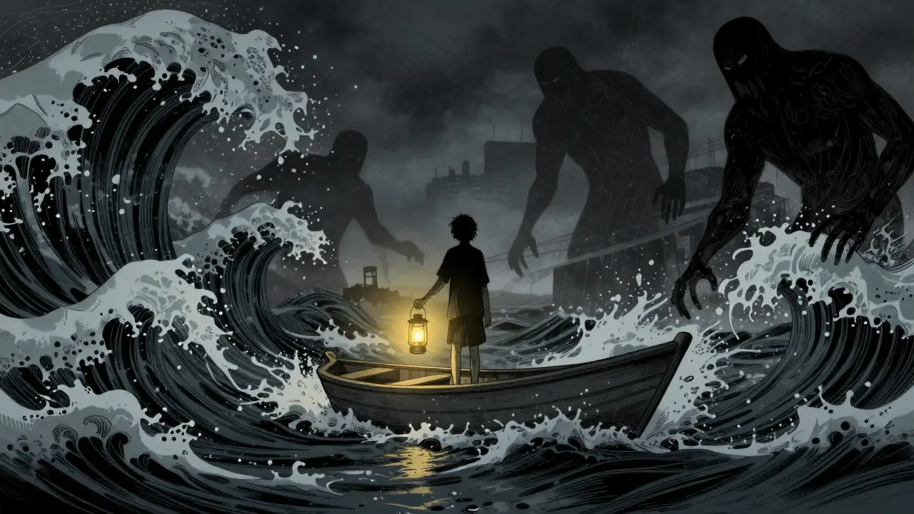 Ilustrace plující proti vlnám závislosti, symbolizující techniku urge surfing