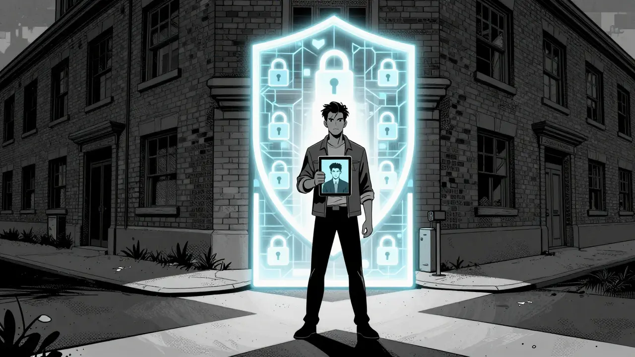 Komiksový styl znázorňující bezpečný přechod mezi fyzickou a online péčí