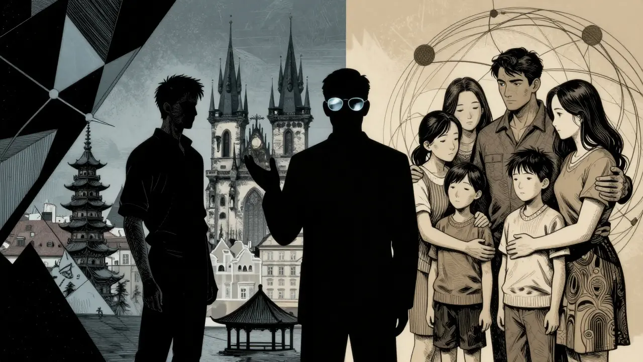 Konceptuální komiks: Západní individualismus versus východní kolektivismus.