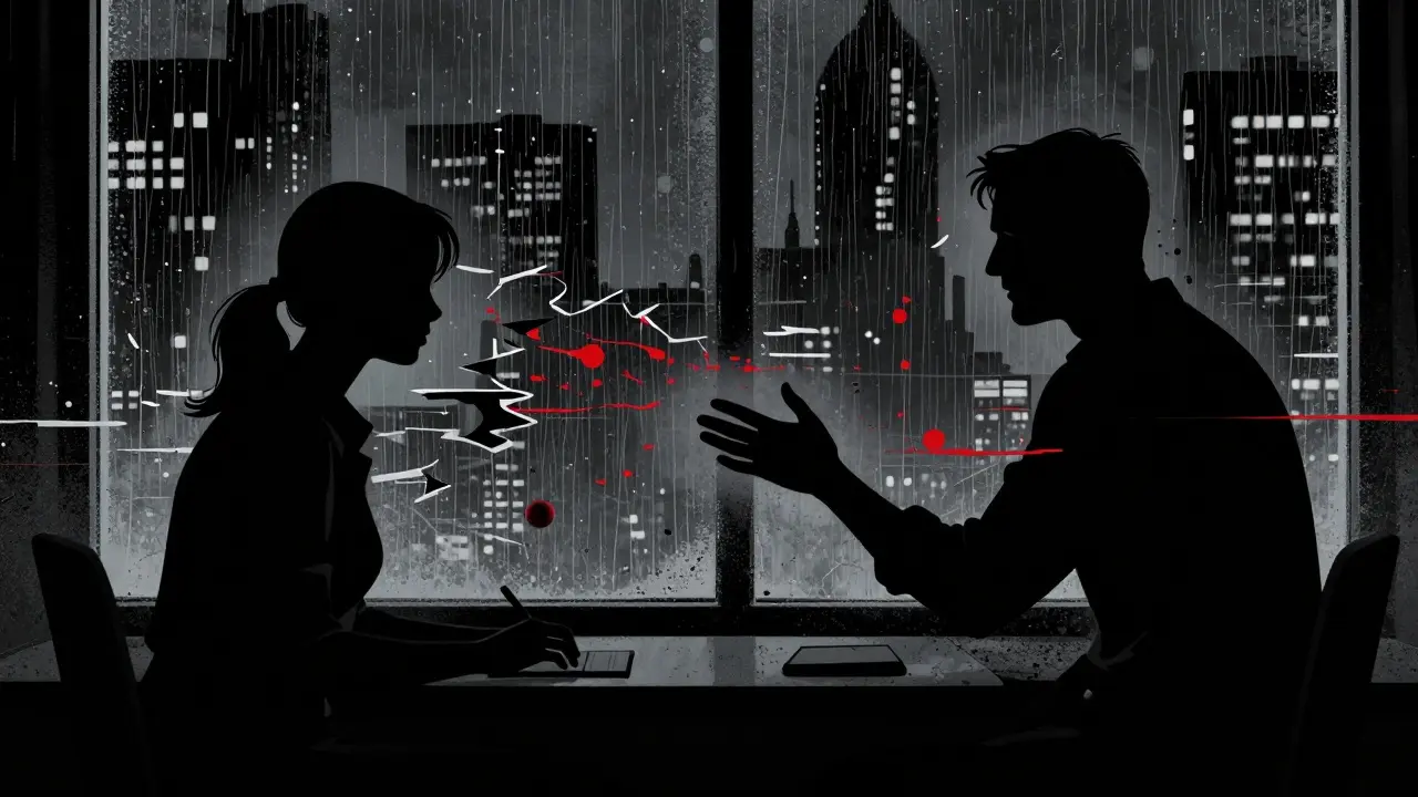 Noir styl ilustrace ukazující digitální bariéry a rušení při videohovoru