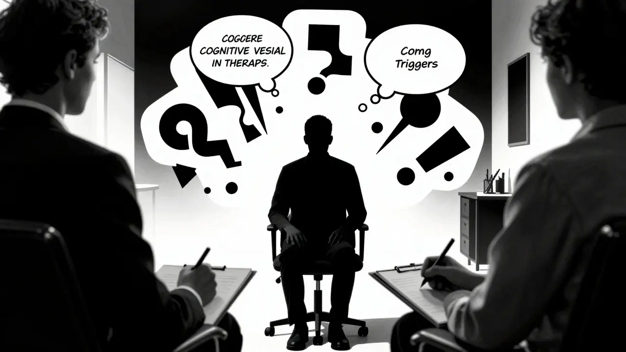 Therapy session with abstract thought patterns in noir art
