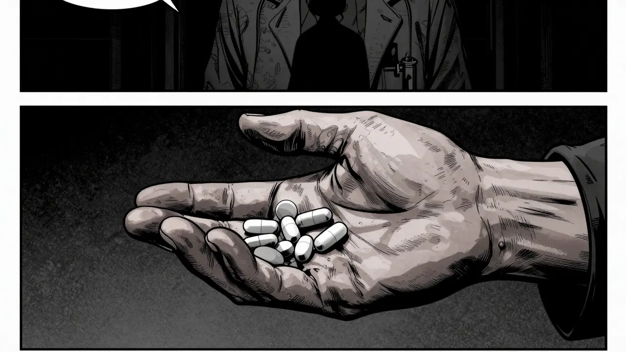 Třesoucí se ruka drží pilulky ve stínech, psychologické napětí