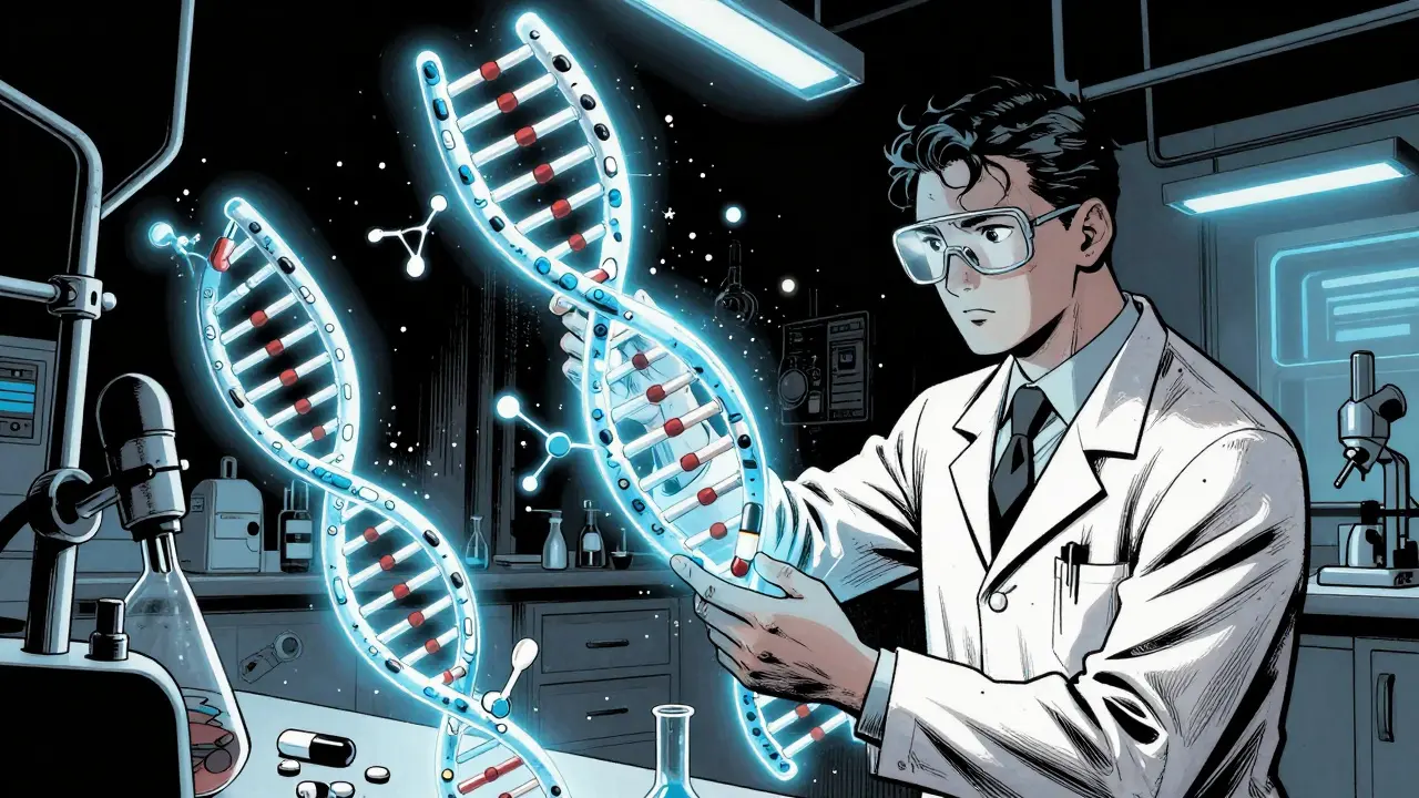 Vědec zkoumá DNA a molekuly léků, futuristický noir styl
