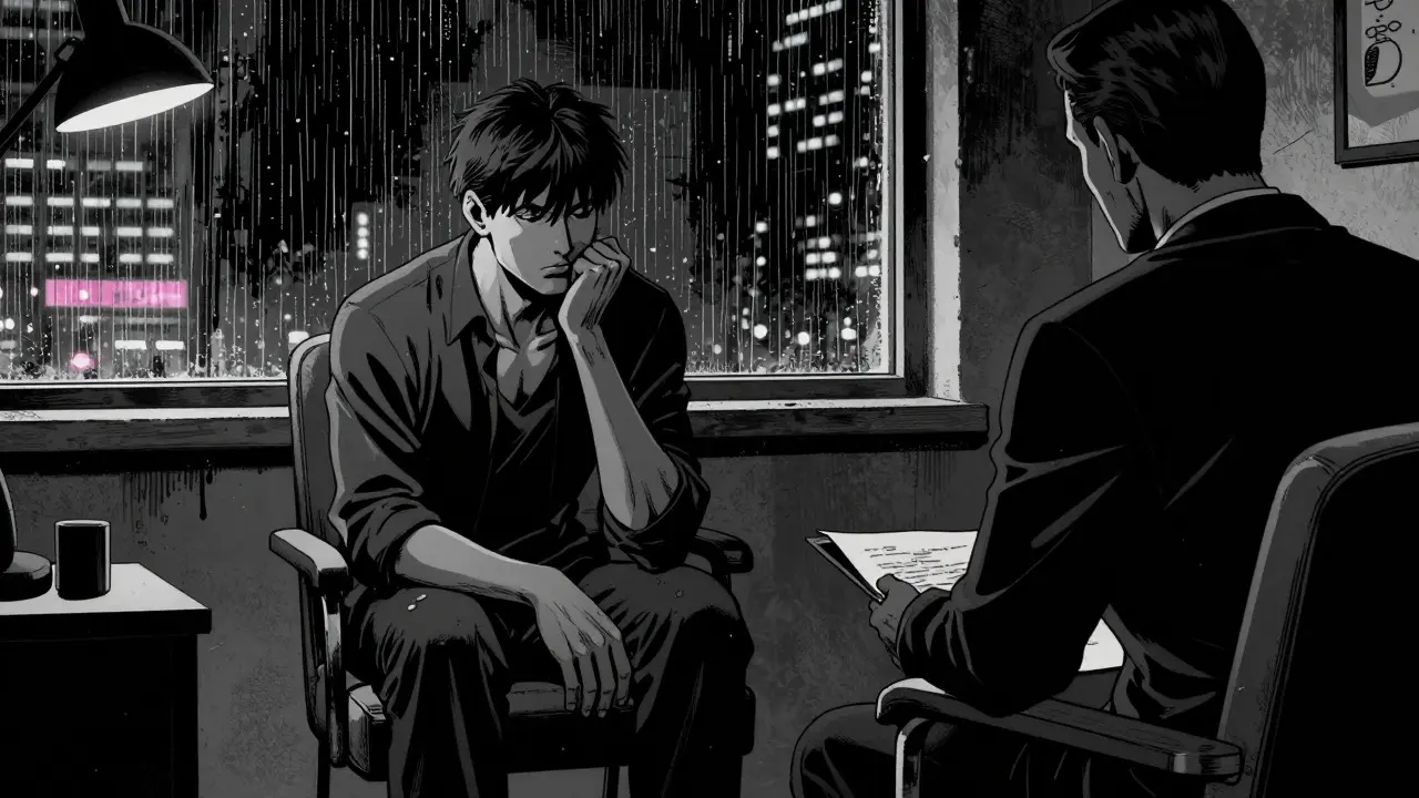 Klient a terapeut v kanceláři s důrazem na důvěru a atmosféru v komiksovém noir stylu