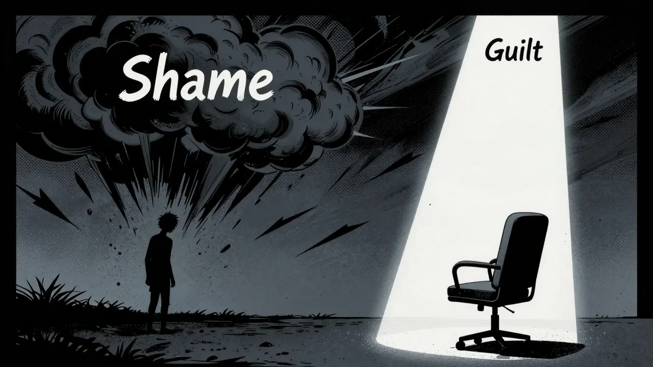 Kontrast mezi destrukčním studem a konstruktivní vinou v komiksovém stylu