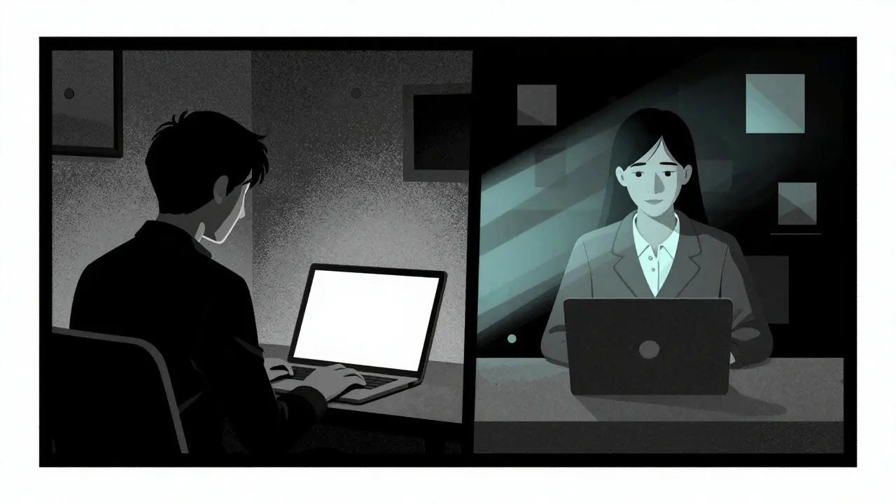Online terapie přes obrazovku, rozdělená scéna ve stylu noir komiksu