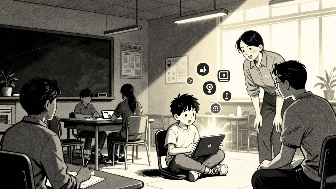 Rodina a učitelé zapojení do komunikace pomocí tabletu v ilustraci ve stylu noir komiksu.