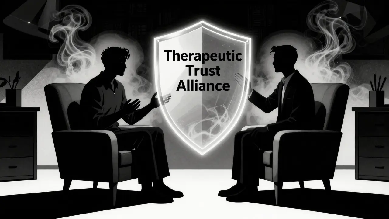 Siluety terapeuta a klienta propojené zářivým štítem důvěry v tmavé místnosti