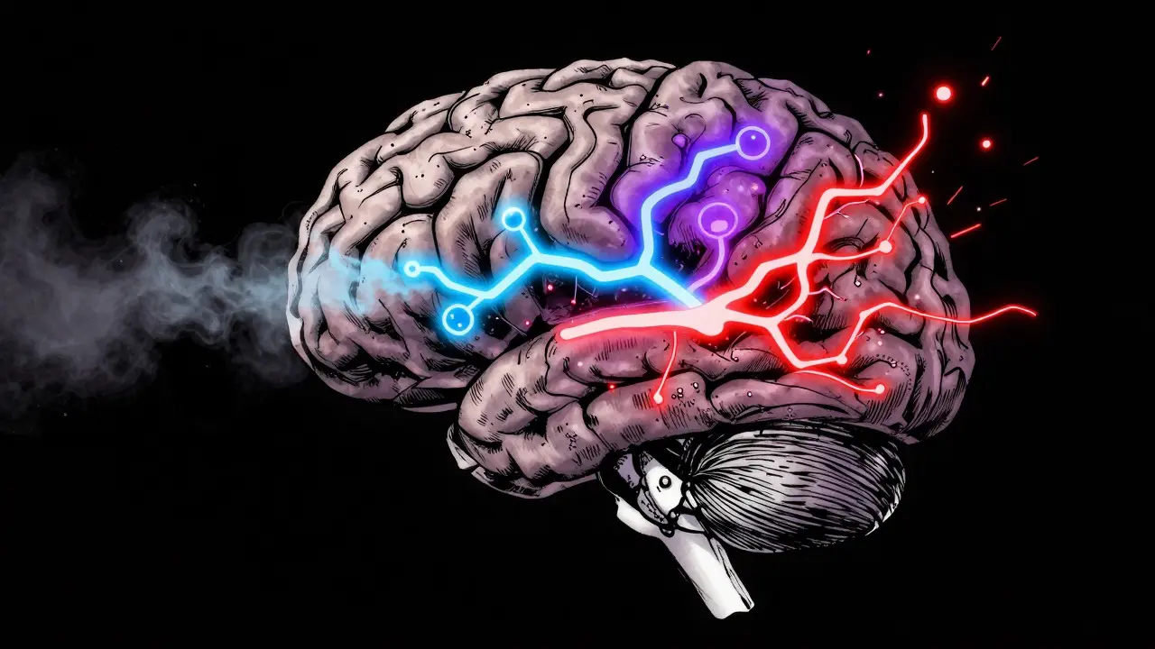 Stylizovaný mozek s hormonálními cestami serotoninu a kortizolu