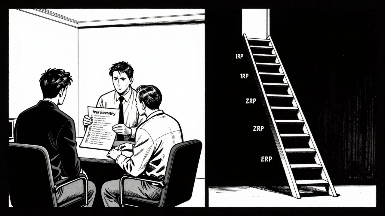 Terapeutická schůzka a žebříček strachu v černobílém komiksovém stylu