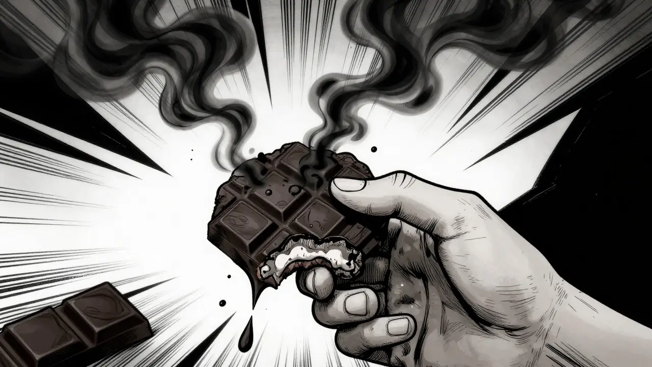 Abstraktní ilustrace ruky držící jídlo, které se mění ve stres