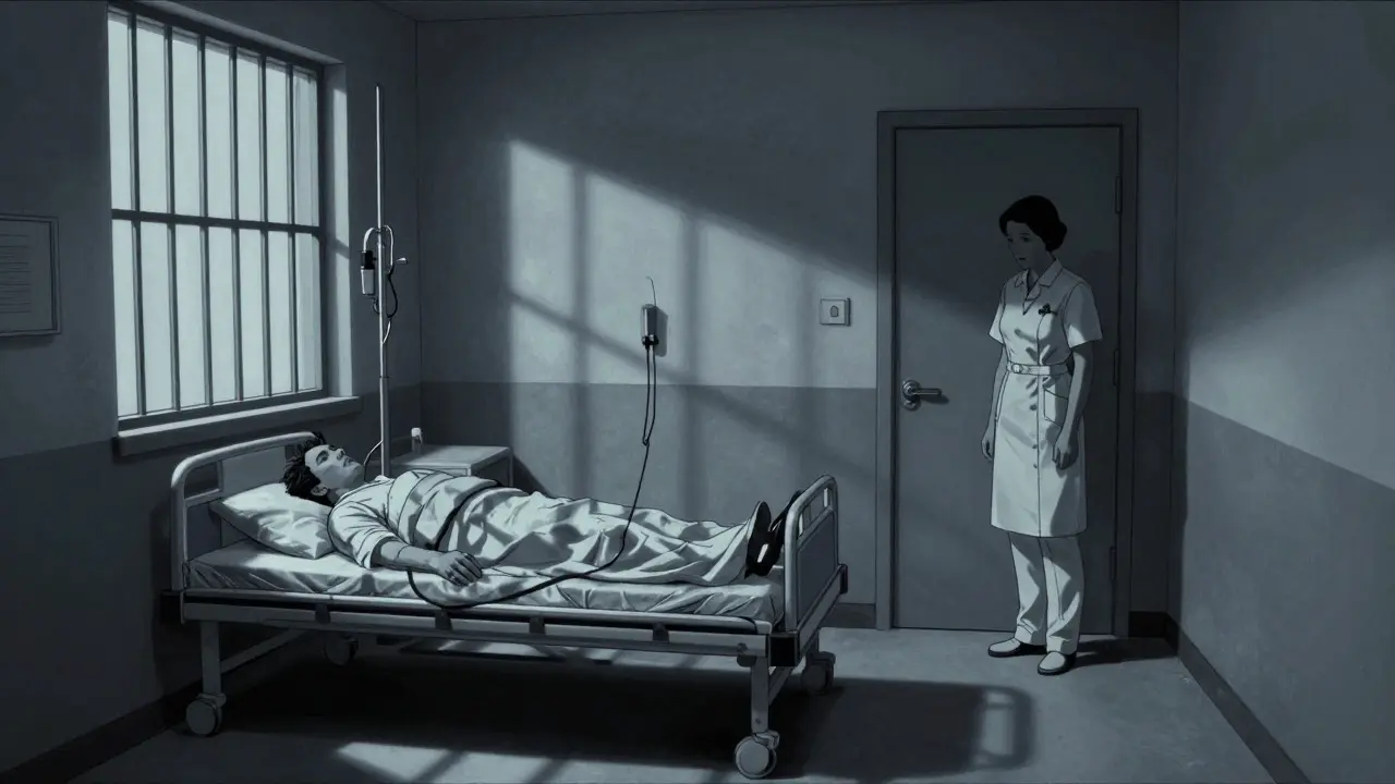 Bezpečný pokoj na psychiatrickém oddělení, železné mříže