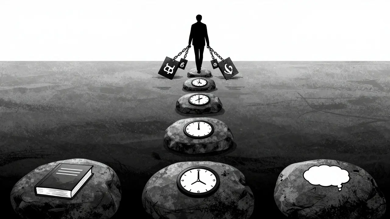 Figure walking a path of eight stones toward light in noir comic style