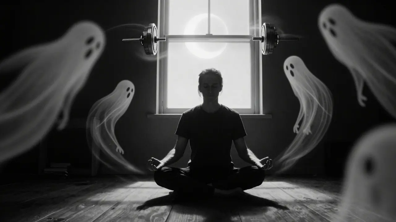 Person meditating with swirling thoughts in a dark noir comic scene