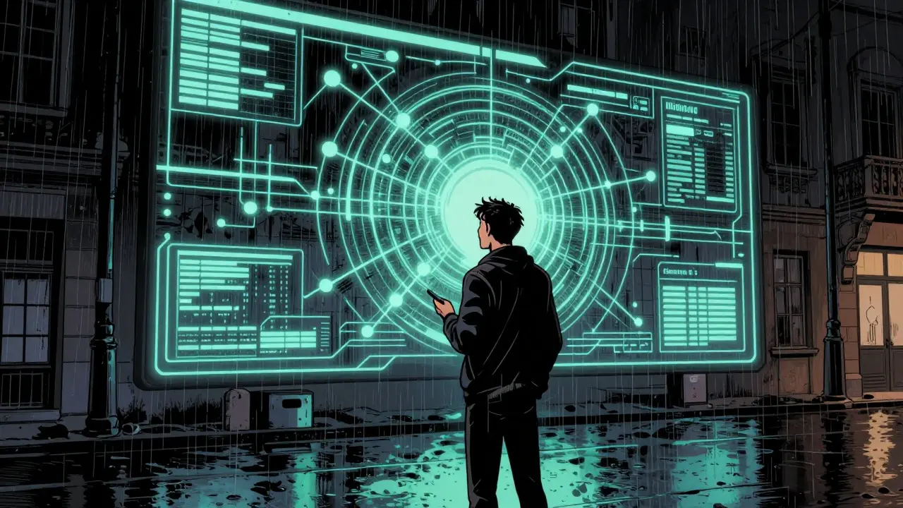 Postava před digitálním rozhraním monitoringu v noirovém komiksu