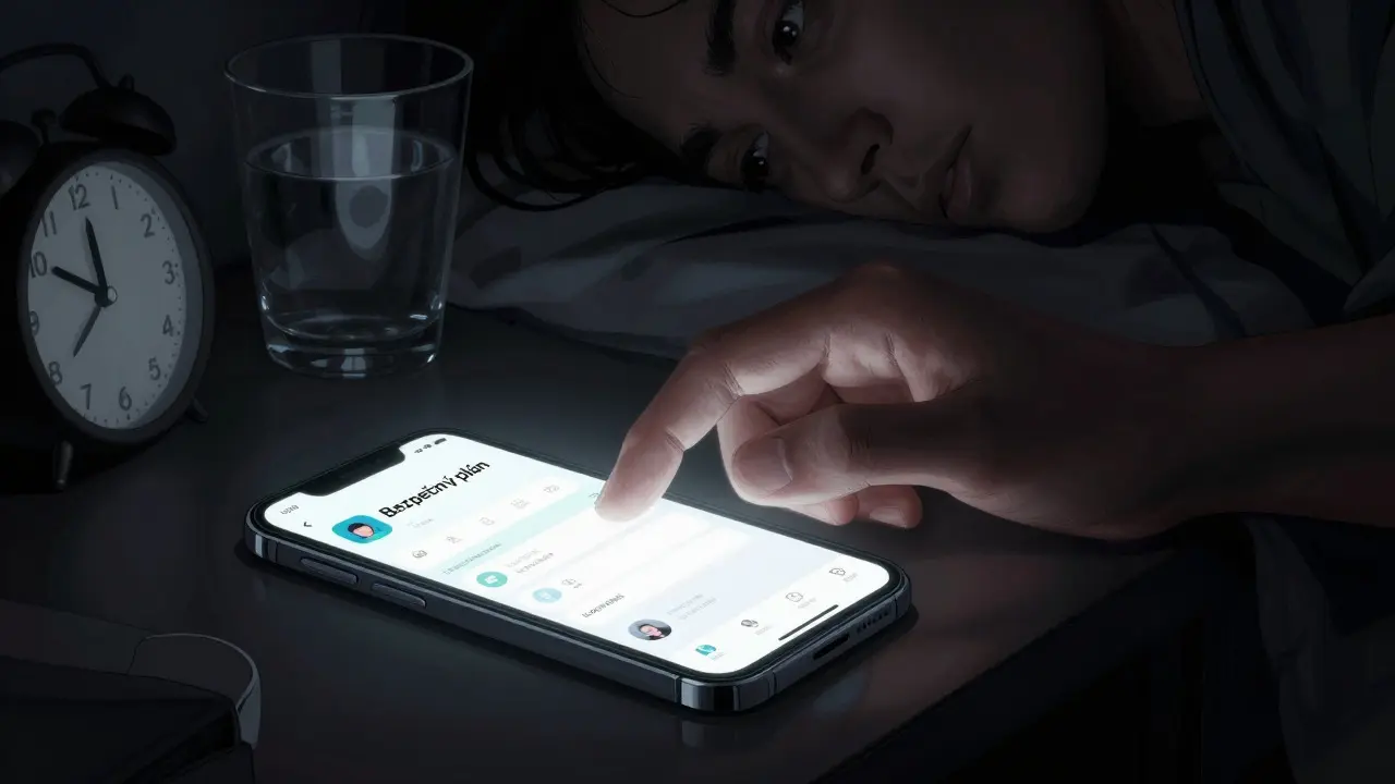 Ruka sahající po mobilním telefonu s aplikací pro krizové plánování