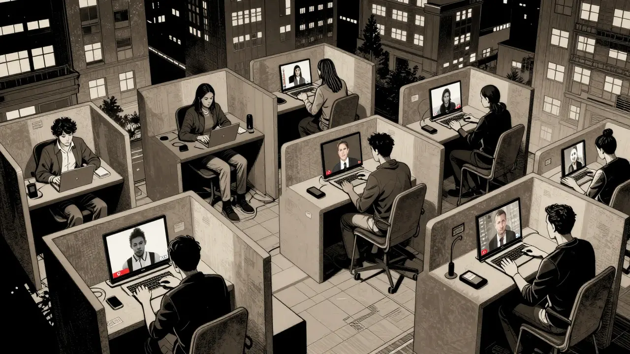 Skupina lidí používající online terapii doma, noir komiksový styl