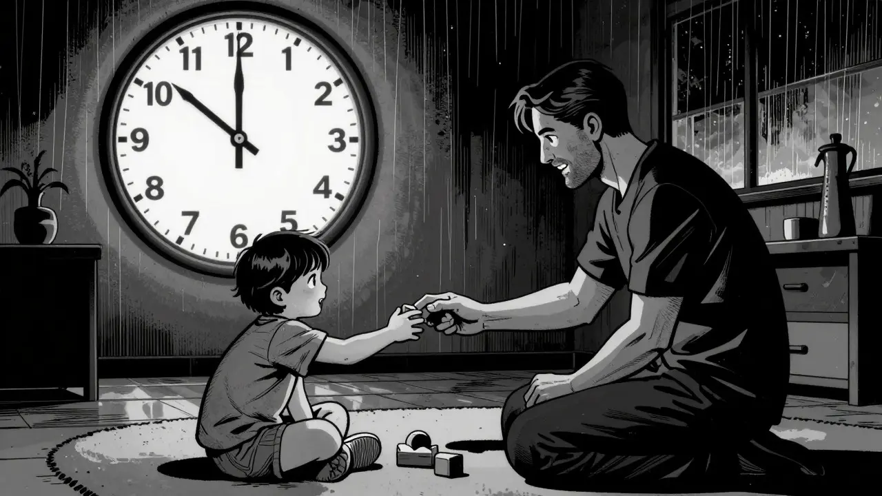 Terapeut hraje s dítětem na podlaze, v pozadí velký hodinový ciferník