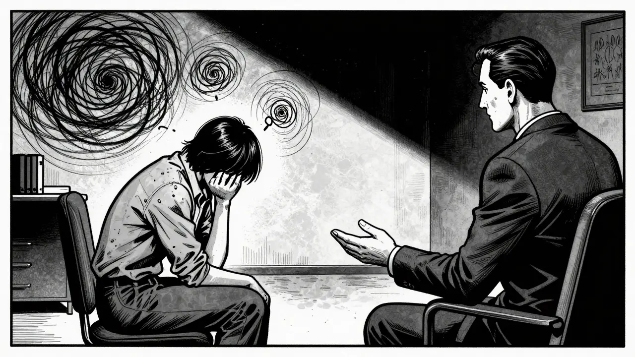 Terapeutická seance s vizualizací myšlenek v noirovém komiksovém stylu