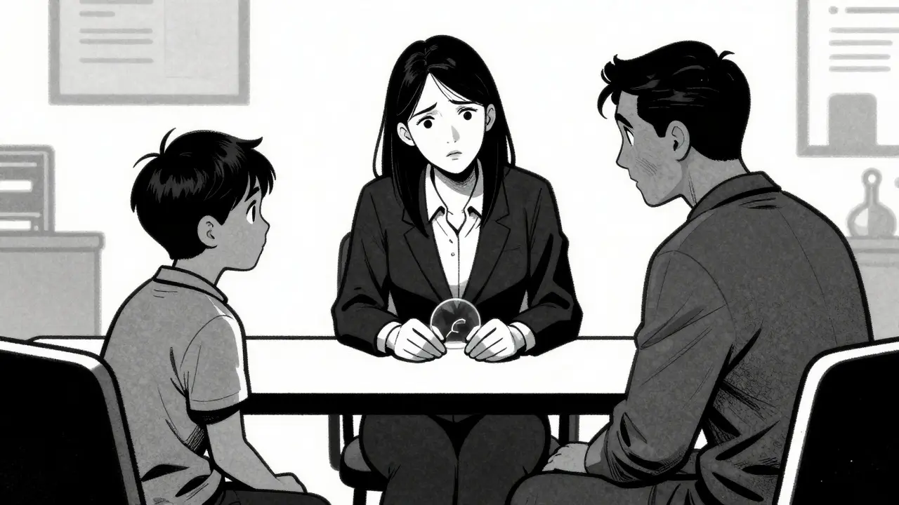 Trojúhelník vztahů mezi rodičem, dítětem a terapeutem v komiksu
