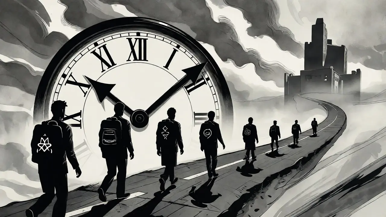 Hodiny a cesta symbolizující dlouhý výcvik ve stylu noir komiksu