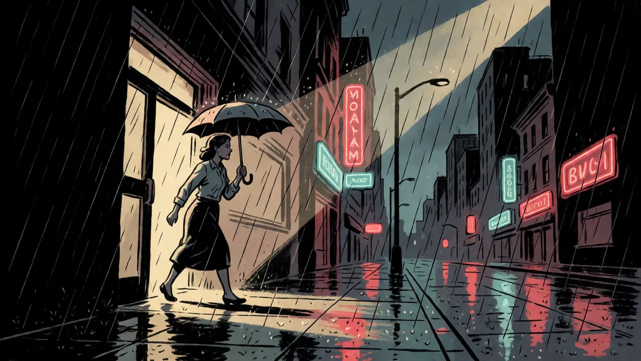 Matka kráčející deštěm městem v noir komiksové atmosféře