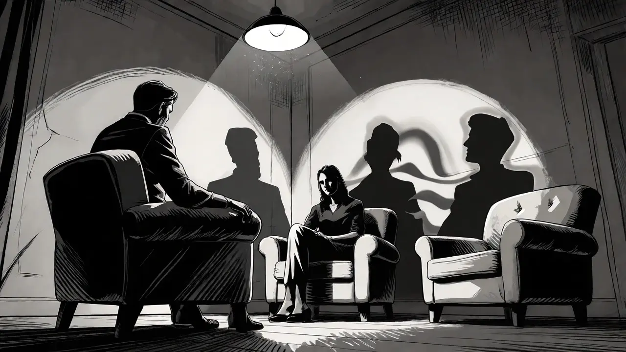 Terapeutická sezení s dramatickými stíny ve stylu noir komiksu