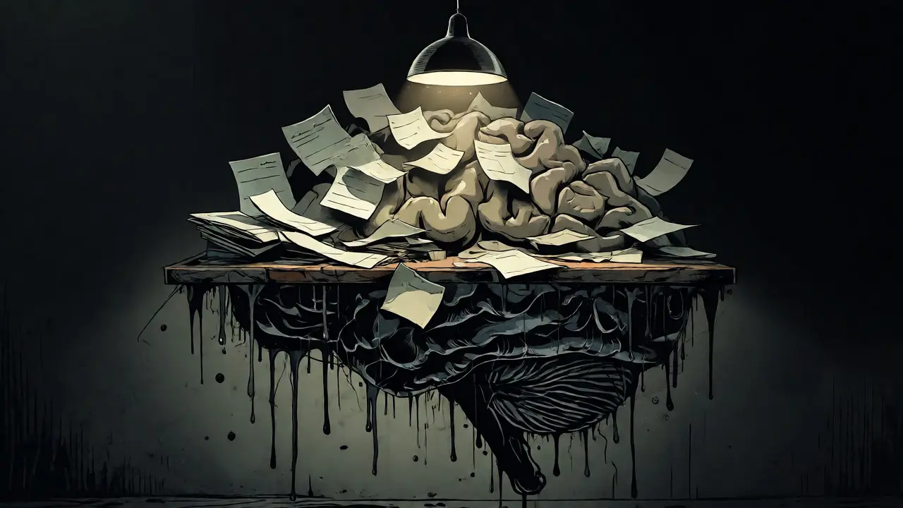 Abstraktní noir ilustrace mozku jako nepořádného stolu s kapajícími toxiny