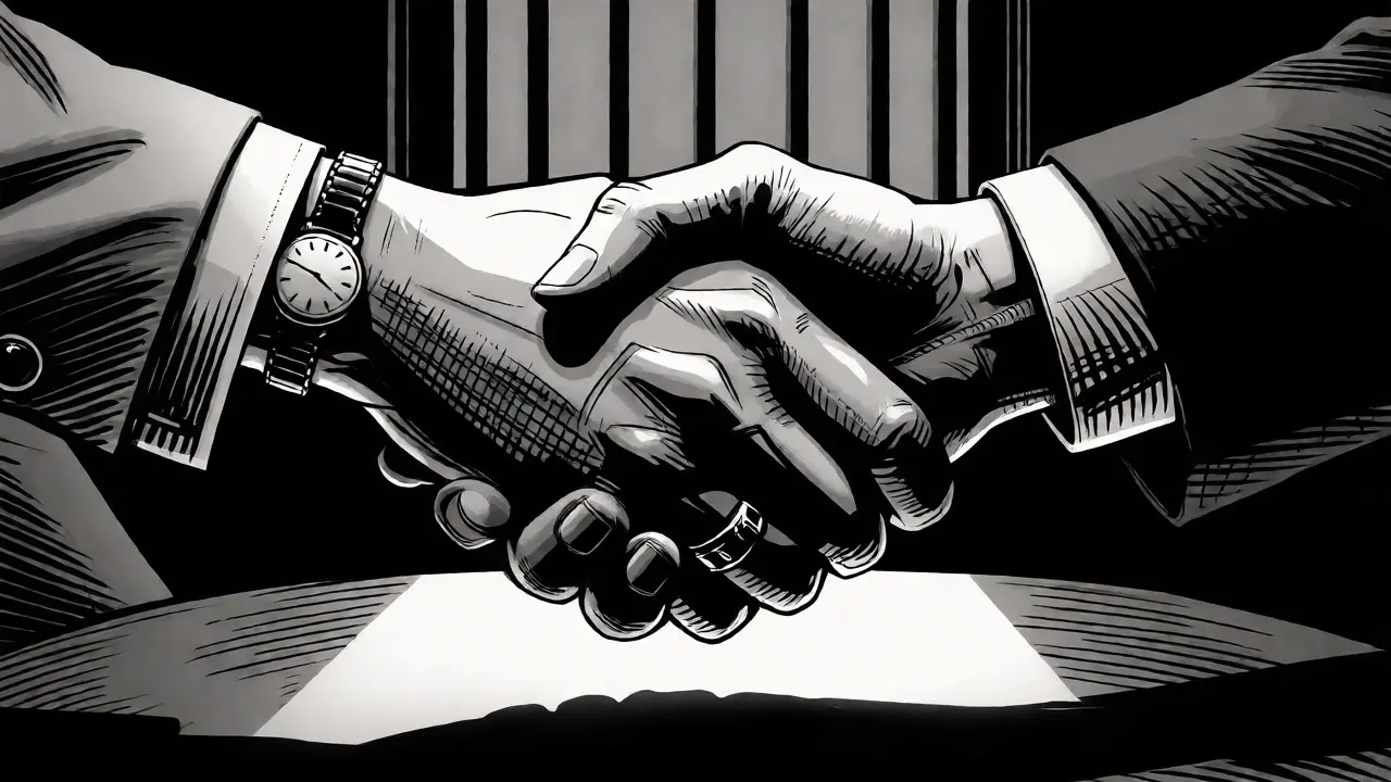 Komiksová noir ilustrace detailního ruky stiskující ruku v dramatickém osvětlení, symbolizující dohodu o podmínkách terapie.